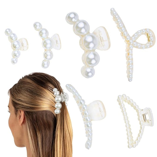 6 PCS Large Pearl Hair Claw Clips Medium Hair Barrette Clamps Small Fashion Hair Accessories for Women Big Banana Jaw Clip Barrettes Nonslip for Thick Thin Hair
