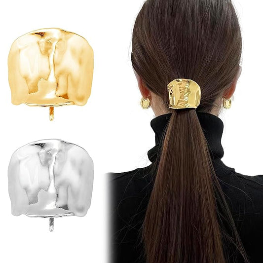 2 Pcs Ponytail Holder Hair Clips, 1.96Inch Metal High Ponytail Cuff Hair Barrettes, Decorative Strong Hold French Fine Hair Jaw Clips Accessories for Women Girl (Gold, Silver)