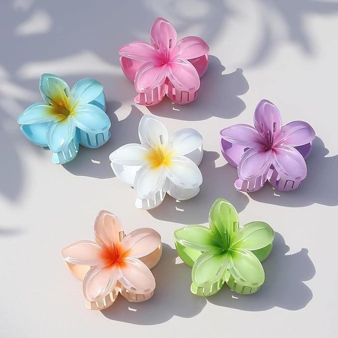 Hawaiian Plumeria Hair Accessories - 6 Pack Large Claw Clips for Thick and Thin Hair, Beach Tropical Hair Clips for Women and Girls -Hawaiian