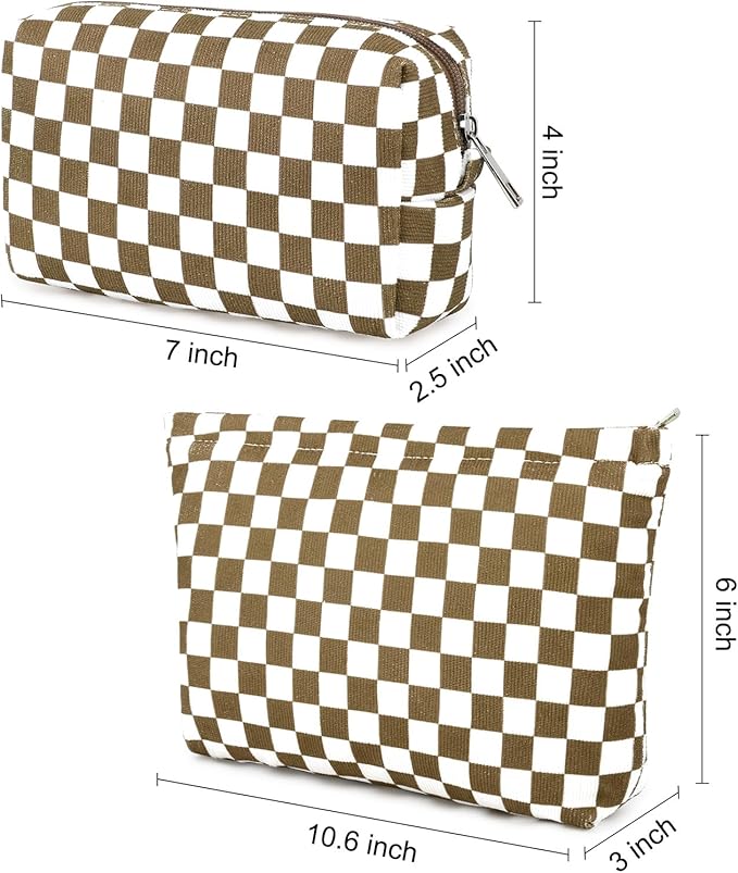 2 Pcs Checkered Makeup Bag Large Cosmetic Bag Toiletry Bag Makeup Pouch Travel Bag Organizer Cute Makeup Brushes Aesthetic Accessories Storage Bag for Women Coffee Brown