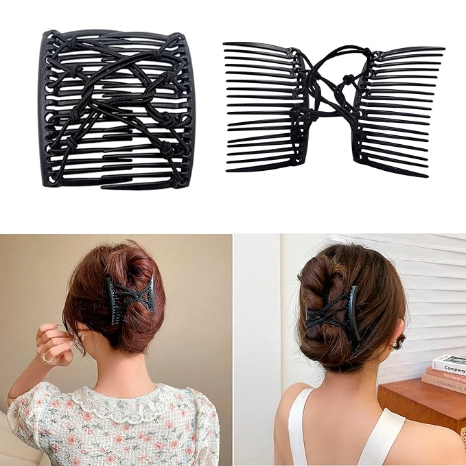 5 Pieces Stretchy Magic Hair Comb Adjustable Elastic Comb Hair Clip for Women Girls No Crease Hair Pins Vintage Hair Bun Maker Hair Accessories for Curly Thick Wavy Hair Ponytail(Black)