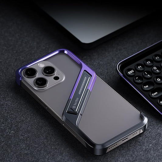 Lightweight Aluminum Alloy Shockproof Frame Case for iPhone 15 Pro Max Metal Bumper Cover with Hidden Stand (Purple)