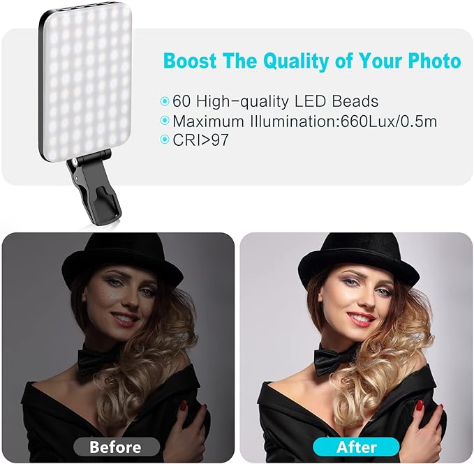 Selfie Light, 60 LED 2200mAh Rechargeable Cell Phone Fill Light 7 Modes, 10-Level Brightness, Portable Clip on Light for Phone/Tablet/Laptop, Zoom Call Vlog Makeup TikTok Video Fill Light
