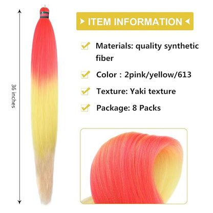 Ombre Pink-Yellow-Blonde Pre Stretched Braiding Hair, 36 Inches Braid Hair Extensions, 8 packs Multi Color Blend Braiding Hair Pre-stretched, Crochet Hair Braiding
