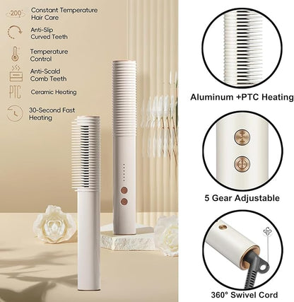 Hair Straightener Brush, Hot Hair Comb, 2 in 1 Flat Iron Hair Curling Straightening Brush for Women, Anti-Scald with 5 Temps Fast Heating