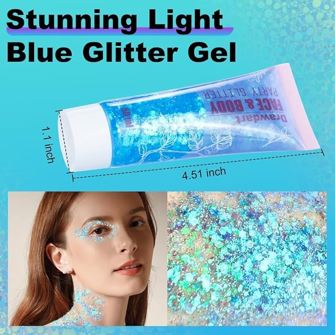Light Blue Face & Body Glitter,Chunky Glitter for Face Body Eye Lip Hair,Singer Concerts Iridescent Face Paint Glitter Makeup 50ml,Easy Application & Removal