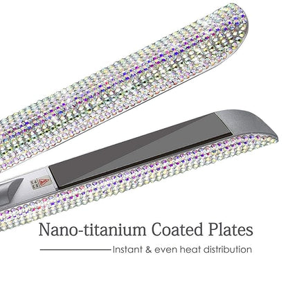 DORISILK Titanium Flat Iron for Hair, 480°F High Temp Hair Straightener Iron, Rhinestone Bling Flattening Iron, 2 in 1 Straightening Curling Professional Salon LCD Display Dual Voltage (AB Shine)