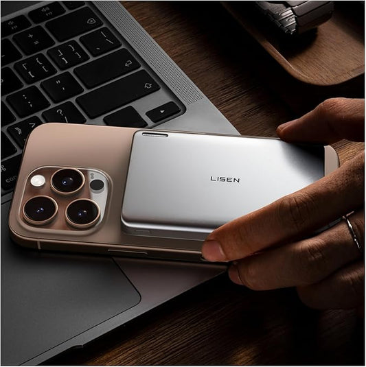LISEN 0.5‘’ Ultra Slim MagSafe Portable Charger iPhone,Alloy 10,000mAh Wireless Charge Card Phone Charger,Slim MagSafe Battery Pack,Magnetic Power Bank for iPhone 16e Pro Max/15/14/13/12,Glacier Gray
