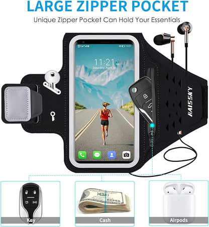 Running Armband with Earphone Bag Cell Phone Armband for iPhone 16 15 Pro 14 Plus 13 11 XR XS, Galaxy S24/S10 Water Resistant Sports Phone Holder Case & Zipper Slot Car Key Holder for 6.9 inch Phone