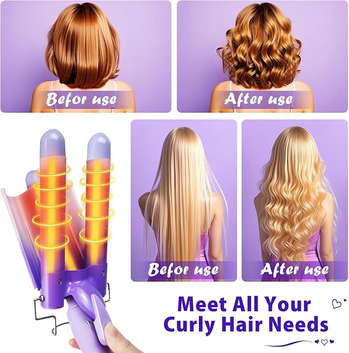 3 Barrel Curling Iron Hair Crimper: Aleath Dual Voltage Adjustable Temperature Three Barrels Hair Waver - Ceramic 1 inch Curler Wand（Purple）