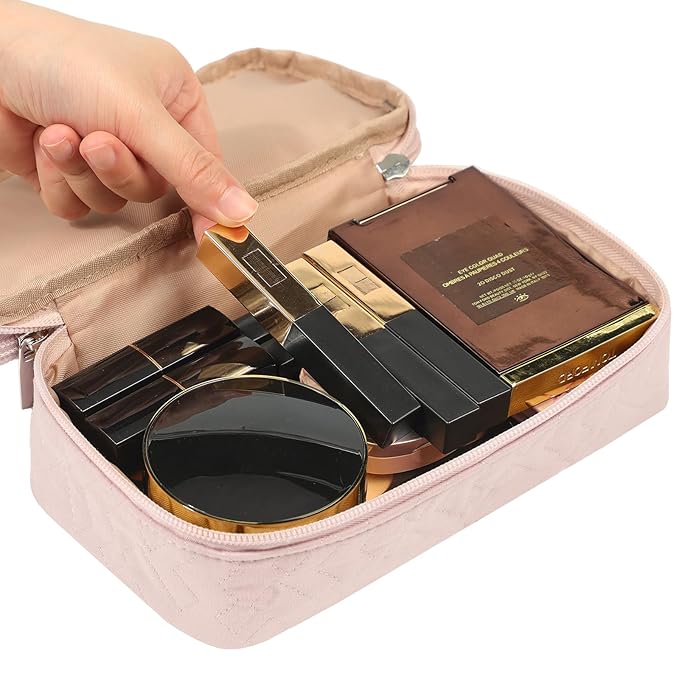 NISHEL Double Layer Travel Makeup Bag Women, Cosmetic Case, Portable Organizer To Hold Travel-Size Accessory Bottles, Brushes, And Skincare Products, Pink
