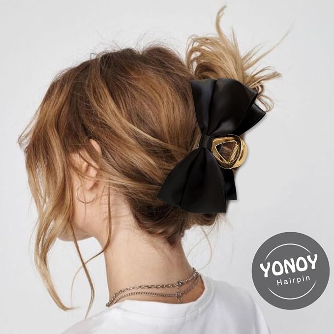3PCS Metal Claw Hair Clips for Women & Girls - Premium Bow-knot Nonslip Claw Clips for Thick & Thin Hair, Big Bows (Black, White, Khaki)
