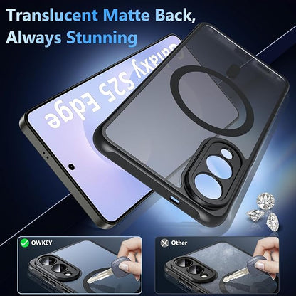 OWKEY for Samsung Galaxy S25 Edge Case 6.65'',Magnetic S25 Edge Case for Magsafe with Tempered Glass Screen, [Shockproof Military] Translucent Back Slim Bumper Cover Phone Case s25 Edge, Black