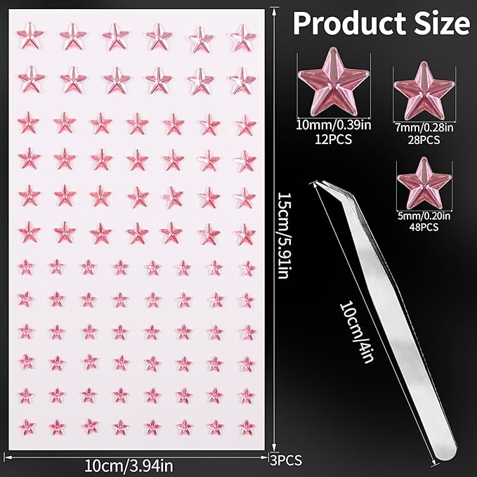 264Pcs Star Face Gems Eye Gems, Self-Adhesive Face Jewels Rhinestones 5/7/10 mm DIY Face Gems Stick on, Patriotic Makeup Gems Rave Accessories for Face Eyes Hair Makeup Body, Crafts (Pink-Star)