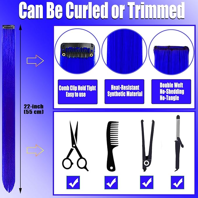 12 PCS Blue Hair Extensions Clip in, 22 Inch Colored Hair Extensions Party Highlights Long Straight Synthetic Hairpieces for Women Kids Girls