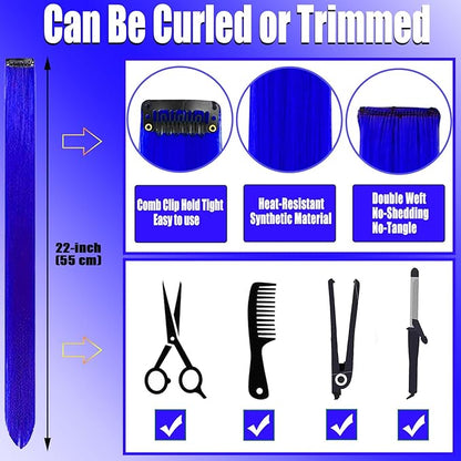12 PCS Blue Hair Extensions Clip in, 22 Inch Colored Hair Extensions Party Highlights Long Straight Synthetic Hairpieces for Women Kids Girls