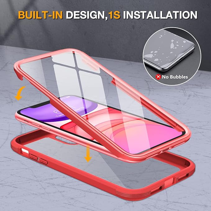 Miracase Glass Series Designed for iPhone 11 Case [2023 Upgraded] Full-Body Rugged Bumper Case with Built-in 9H Tempered Glass Screen Protector and Camera Protector (Red)