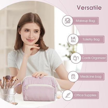 Narwey Striped Makeup Bag Women Wide-open Make up Bag Travel Cosmetic Bag Organizer Toiletry Bag for Cosmetics Toiletries Accessories (Dusty Rose Stripe)
