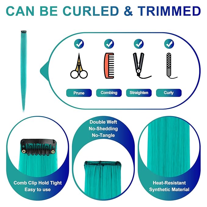 22 inch Colored Hair Extensions Straight Hairpiece, Multi-colors Party Highlights Clip in Synthetic Hair Extensions for Women Kids Girls(10 PCS Teal Blue)