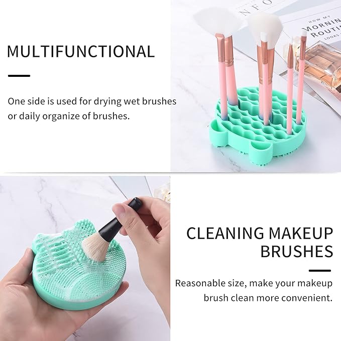 Silicon Makeup Brush Cleaner Mat with Brush Drying manual Make up brush cleaner cleanser machine Cosmetic Brush Cleaning Pad+Makeup Brush Dry Cleaned Quick Color Removal Sponge Scrubber Tool(Green)