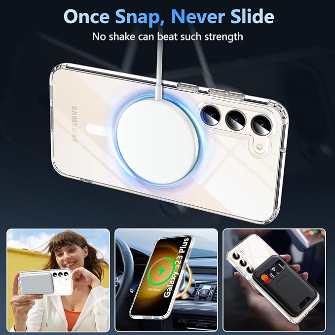 OWKEY for Samsung Galaxy S23 Plus Case 6.6'', Magnetic S23 Plus Case Compatible with Magsafe, [Military Grade Shockproof] Transparent Back Slim Bumper Cover Phone Case, Clear