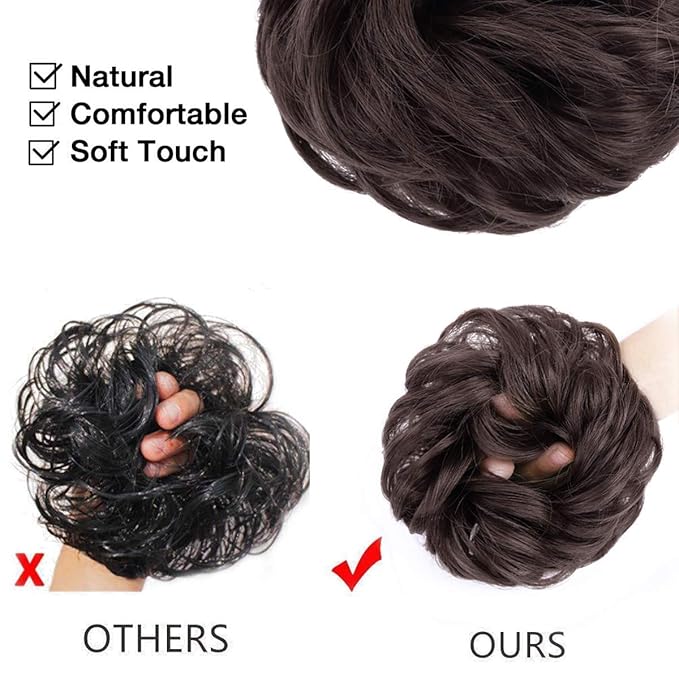 MORICA 2PCS Messy Bun Hair Pieces, Fake Bun Scrunchies for Thin Hair - Curly, Wavy Synthetic Chignon Ponytail - Dark Brown