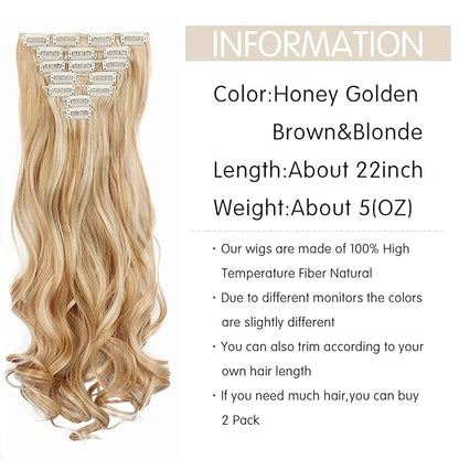22 Inch Clip In Hair Extensions 7 PCS Long Wavy Synthetic Black Hair Extension & Natural Soft Invisible Clip Thick Hairpieces for Women Daily(20Inch, 7pcs, Honey Golden Brown Mixed Blonde)
