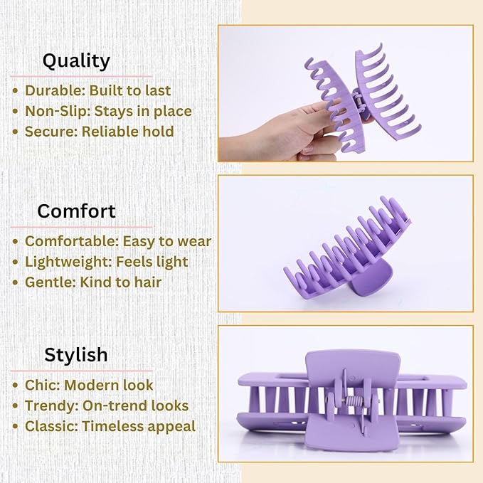 Purple Hair Clips for Women - 8 Pack 4.3 Inch Large Hair Claw Clips for Women Thin Thick Curly Hair, Big Matte Banana Clips,Strong Hold jaw clips