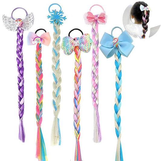 6Pcs Girls Colored Braids Hair Extensions with Rubber Bands, Rainbow Braided Hairpieces Hair Bows Wig Ponytails Kids Favor DIY Hairs Accessories for Girls Gift Birthday Party Cosplay Daily Dress Up