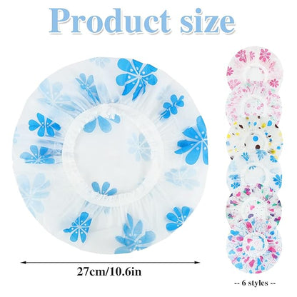 6 Pcs Shower Caps, Waterproof Bath Caps Plastic Reusable Shower Caps Elastic Band Bath Hair Caps for Women Kids