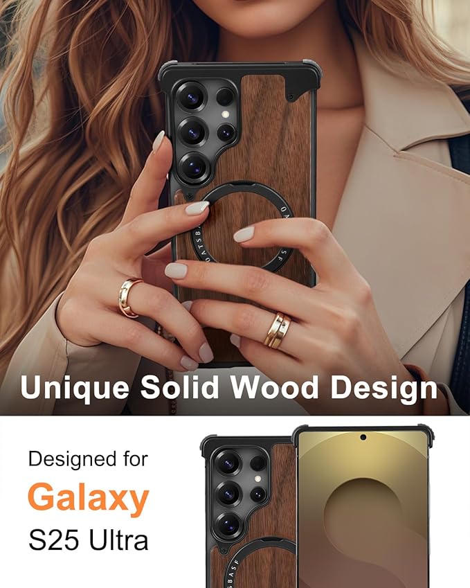 OATSBASF Magnetic Wood Case Compatible with Samsung Galaxy S25 Ultra, [Natural Wood & Aluminum] Shockproof Protective Cover Unique Wooden Case with 360° Ring Stand, Black