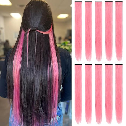 22 inch Colored Hair Extensions Straight Hairpiece, Multi-colors Party Highlights Clip in Synthetic Hair Extensions for Kids Women Gift(10 PCS Pink)