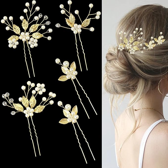 5 Pieces Bride Hair Pins Pearl Bridal Hair Piece for Women Sparkly Gold Leaf Crystal Hair Accessories for Bride Bridesmaids Flower Girls(Gold)