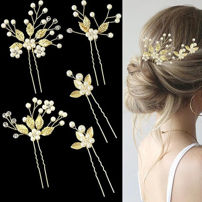 5 Pieces Bride Hair Pins Pearl Bridal Hair Piece for Women Sparkly Gold Leaf Crystal Hair Accessories for Bride Bridesmaids Flower Girls(Gold)