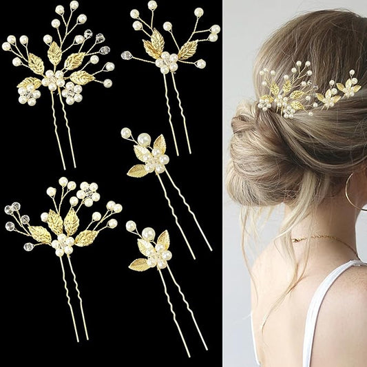 5 Pieces Bride Hair Pins Pearl Bridal Hair Piece for Women Sparkly Gold Leaf Crystal Hair Accessories for Bride Bridesmaids Flower Girls(Gold)