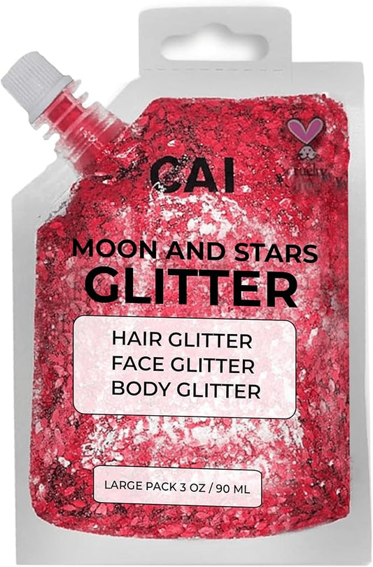 Hair Glitter Gel; Body Glitter & Face Glitter for Women/Kids(1 Pk Red) Chunky Iridescent Holograph Stars & Moon, 3 oz | Cosmetic-Grade Makeup, Apply Without Glue, Easy to Take Off & Keep Skin Clean