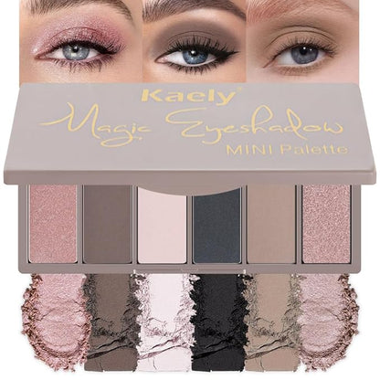 evpct 6 Colors Travel Eye Shadow Palette Makeup, Rose Coffee White Bright Nude Pink Black Brown Sparkly Shimmer Glitter Matte High Pigment Mini Eyeshadow Palette for Older Women, Built in Mirror
