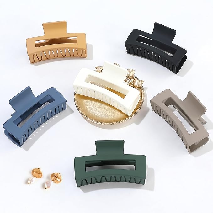 3.5 Inch Medium Hair Claw Clips 6 Pack Hair Clips for Women Square Claw Clips Rectangle Clips for Hair Banana Jaw Clips Hair Accessories for Girls -Neutral