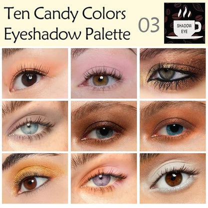 Ten-Color Eyeshadow Palette, Nude White Brown Grey Bronze Gold Light Pink 10 Shimmer and Matte Shades, Blendable Powder, Everyday Eye Makeup, Vegan and Cruelty-Free, Built-In Mirror and Brush, 03#