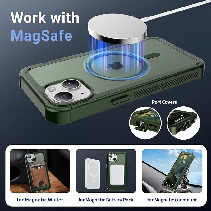 for iPhone 13 case, with [Compatible with MagSafe][Military Grade Drop Protection][Heavy Duty Protection][Non-Slip][Shockproof] with 2-Layer Durable Bumper Phone Case 6.1''-Army Green
