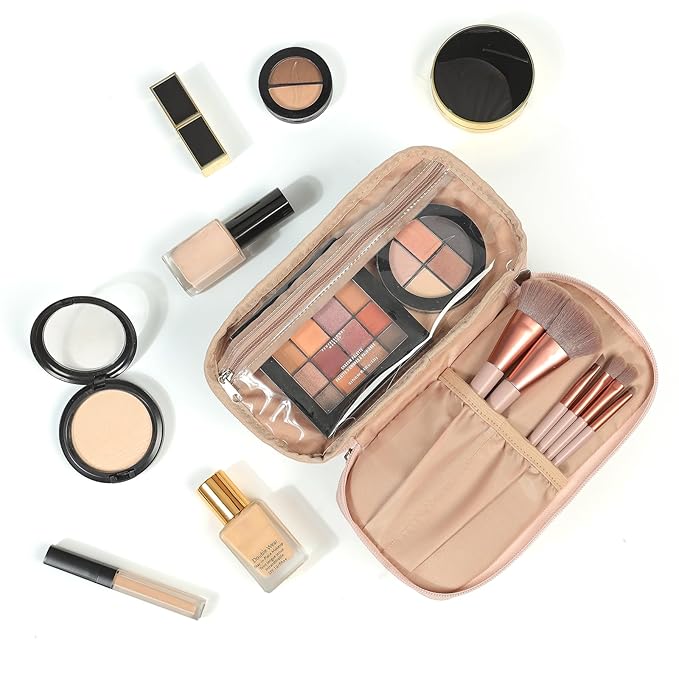 NISHEL Double Layer Travel Makeup Bag Women, Cosmetic Case, Portable Organizer To Hold Travel-Size Accessory Bottles, Brushes, And Skincare Products, Pink