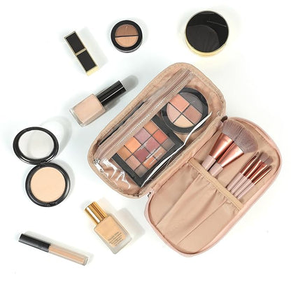 NISHEL Double Layer Travel Makeup Bag Women, Cosmetic Case, Portable Organizer To Hold Travel-Size Accessory Bottles, Brushes, And Skincare Products, Pink