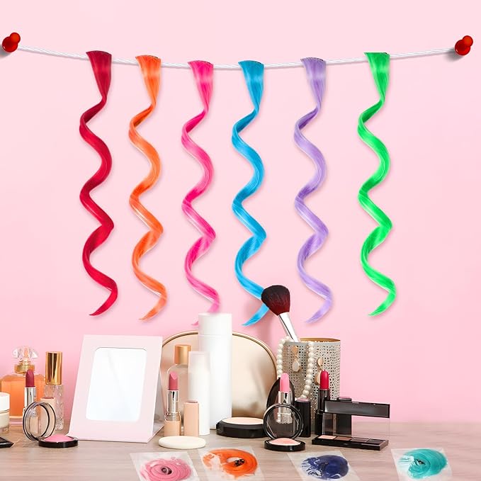 12 PCS Colored Hair Extensions for Kids, Curly Wavy Synthetic Hairpieces Clip in Rainbow Neon Party Highlights, Colorful Hair Accessories for Girls Women 17 Inch (Multi-color Set)