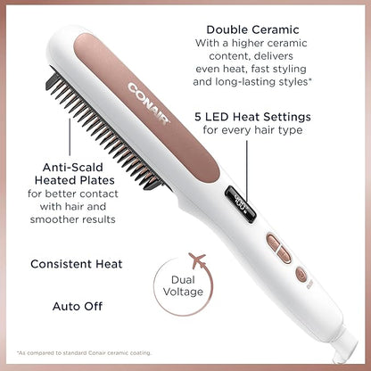 Conair Double Ceramic Straightening Brush, Heated Straightening Brush for Smooth Shiny Hair, V-Shaped Heat Bristles for Closer Contact
