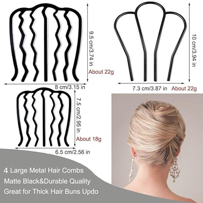 8 Piece Hair Side Combs French Twist Comb Metal Hair Fork Clip Teeth Hair Pin Stick for Updo Bun, U Shape Hair Combs Hair Tool for Vintage Hairstyle Hair Accessories