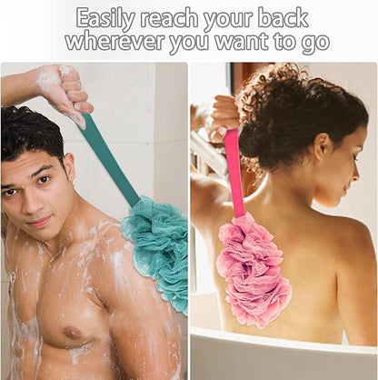 4Pack Back Scrubber for Shower, Evmliy Loofah Sponge Brush Exfoliating Body, Long Handle Scrub Brush for Shower with Loofah on a Stick for Back Use, Bathing Accessories Body Brushes (4Pack)