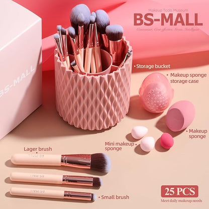 BS-MALL Makeup Brushes Premium Synthetic Foundation Powder Concealers Eye Shadows 18 Pcs Brush Set with 5 sponge & Holder Sponge Case (A-Pink)