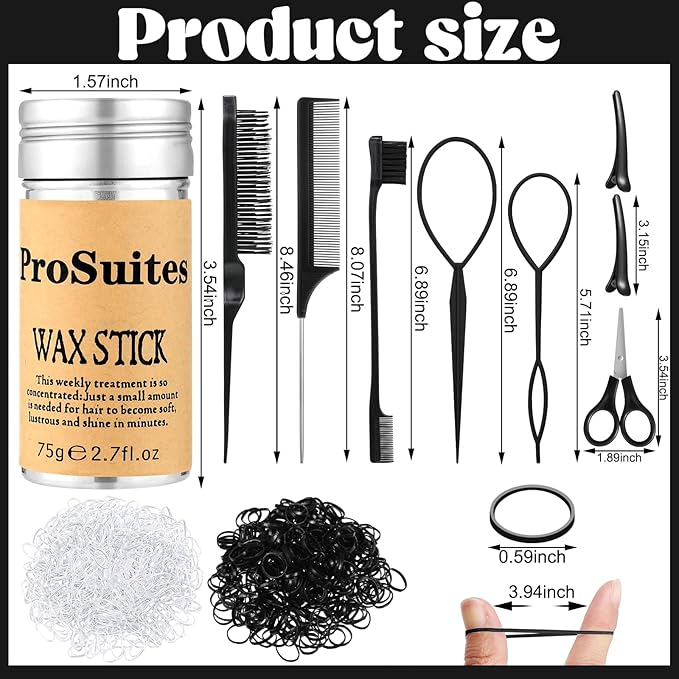 1000pcs Hair Rubber Bands Elastic Hair Ties with Hair Wax Stick, Slick Back Hair Brush,Rat Tail Comb for Women, Men and All,Curly Hair,Straight Hair