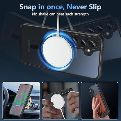 OWKEY for Samsung Galaxy S24 FE Case 6.7'', Magnetic Galaxy S24 FE Case for Magsafe with Tempered Screen Protector [Shockproof Military] Translucent Matte Bumper Phone Cover Samsung S24 FE 5G, Black