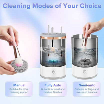 Electric Makeup Brush Cleaner Machine, 2 in 1 Cosmetic Brush Cleaner with Cleaner Mat, Automatic Spinning Washer Combined for All Size Makeup Brushes & Sponges, Beauty Cleaning Tool Gifts for Women